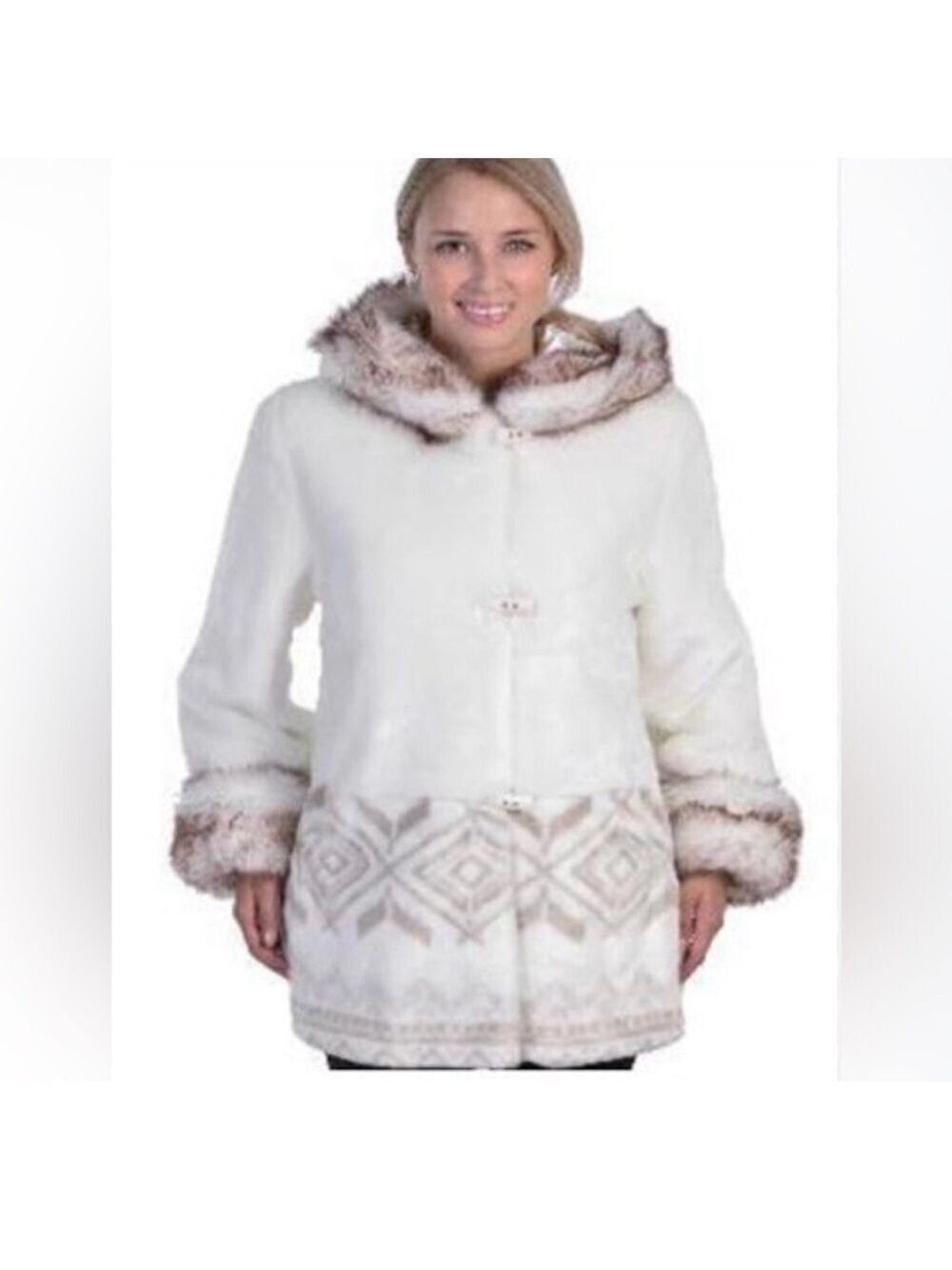 Hannah By Mar-Lo Merle Faux Fur
Hooded Coat Toggle Buttons Aztec Pattern EC XL